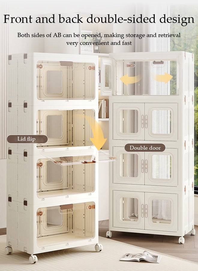 Spides 4 Tiers Foldable Storage Cabinet Multifunctional Double Door Stackable Plastic Storage Bins Cabinet with Wheels Large Capacity Thickened Multi-layer Storage Cabinet for Home, Office，Bedroom， Living Room， Study - Image 2